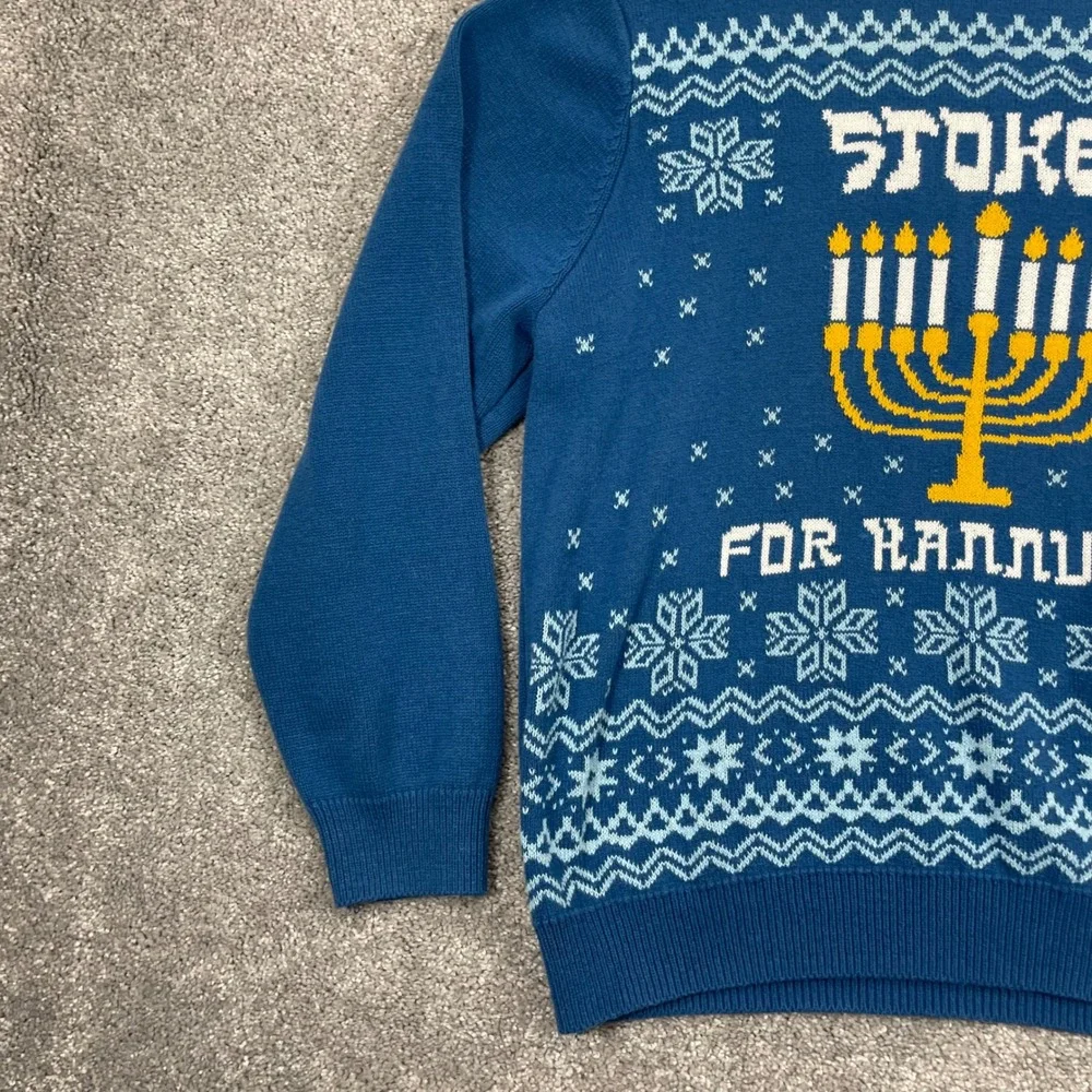 Roebuck & Co Sweater Mens 2XL Blue Stoked For Hanukkah Menorah Ugly Holiday
